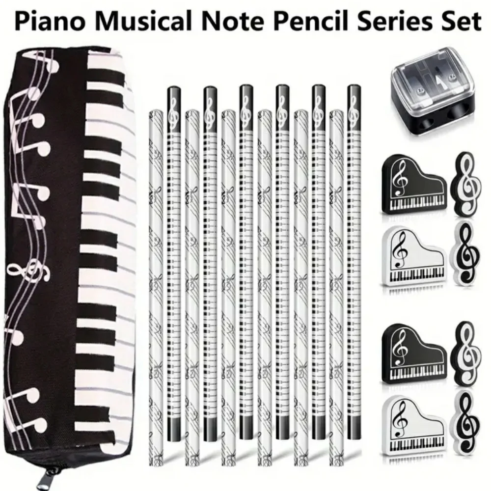 NEW Piano Music Black and White 16-Pc Pencil Set with Case